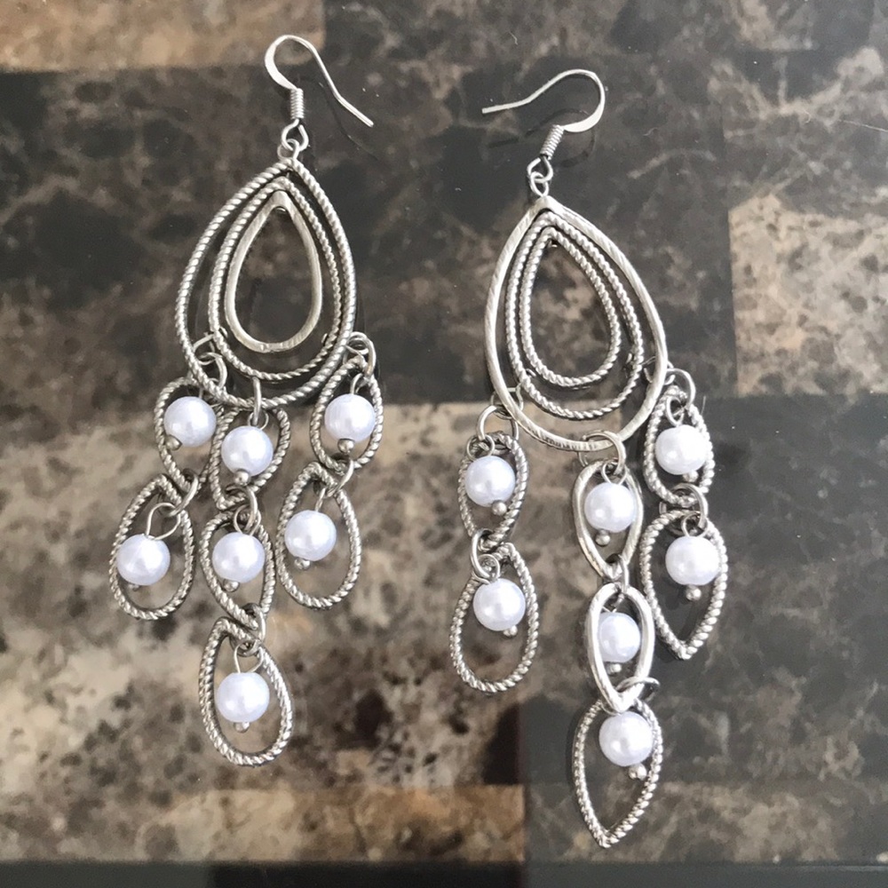 2/$8 Silver Chandelier Earrings with White Pearls